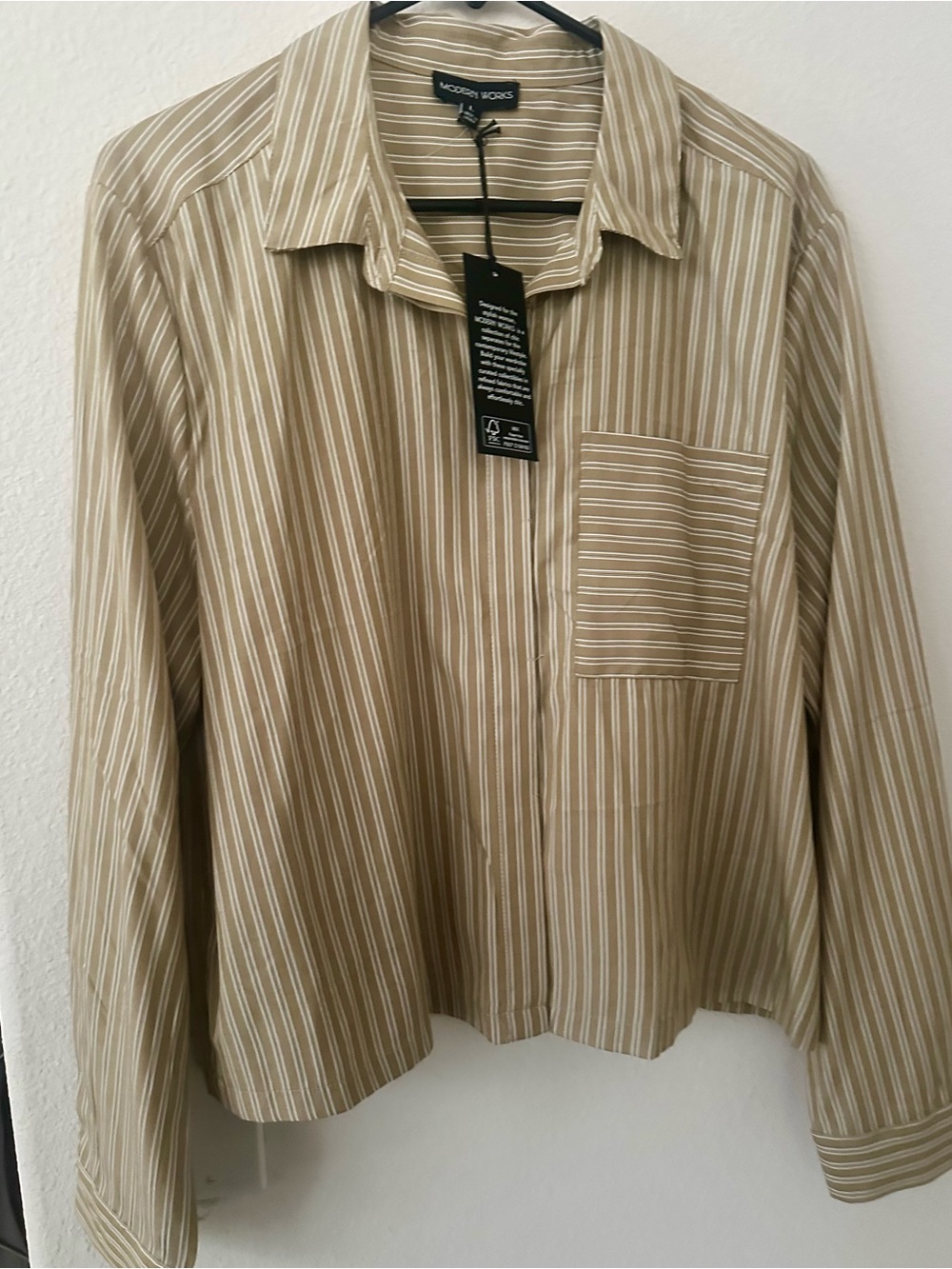 Woman’s Tan Striped Button-Up Shirt Jacket